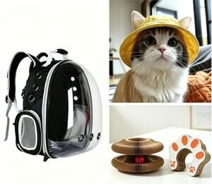 3Pcs Kitten Travel Set Space Capsule Cat Backpack Pet Hat Rolling Ball Scratcher